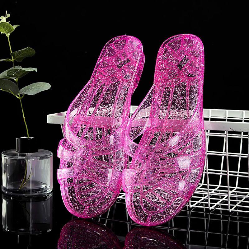 Sparkling Crystal Low Heeled Slippers for Women In Summer, Made of Transparent Plastic Material, Suitable for Indoor and Household Use