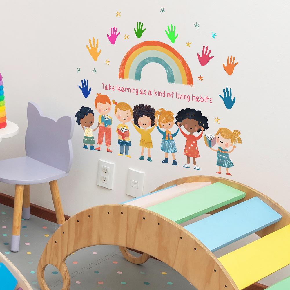 School Season English Slogan Rainbow Handprints Bedroom Living Room Home Background Beautification Decoration Wall Stickers