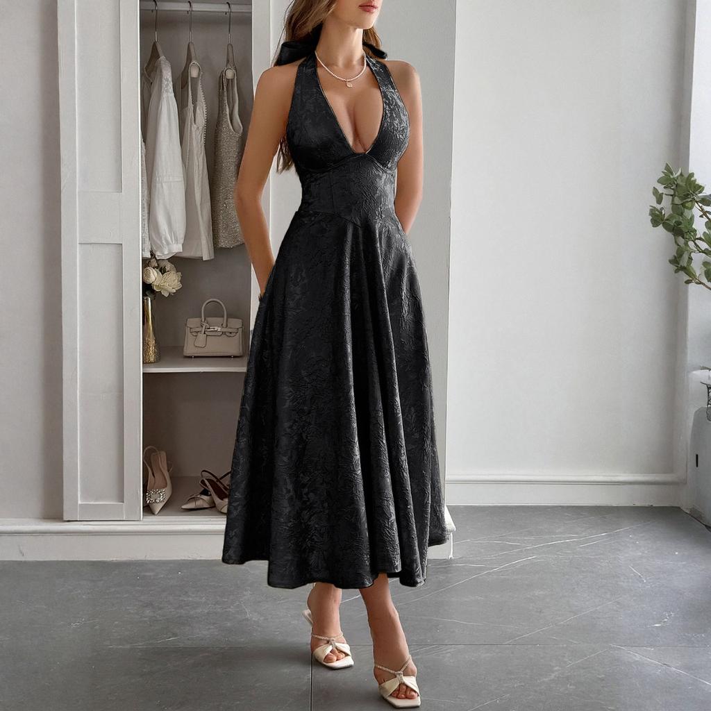 Женское модное однотонное элегантное платье с темпераментом, с вырезом на шее и поясом