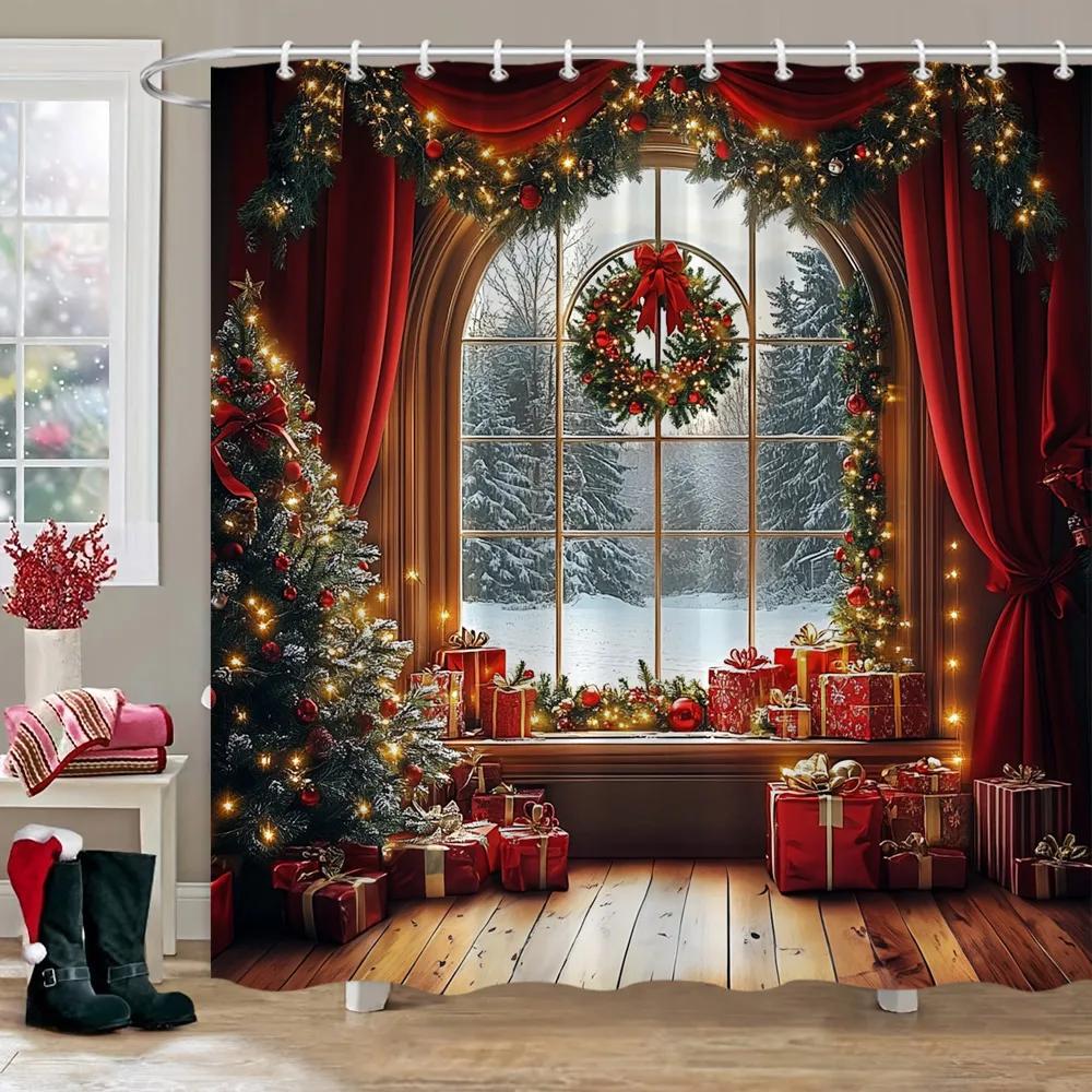 Рождественские украшения Душевая занавеска Зимняя снежная сцена Рождественская елка Рождественские подарки Полиэстер Душевая занавеска Декор для ванной комнаты