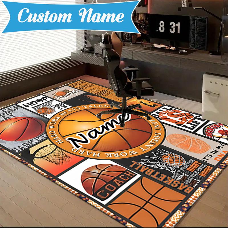 Custom Name Play Basketball Rug for Living Room, Game Rooms, Office, Bedroom, Floor Mat Playful Design, fan gifts Christmas decor