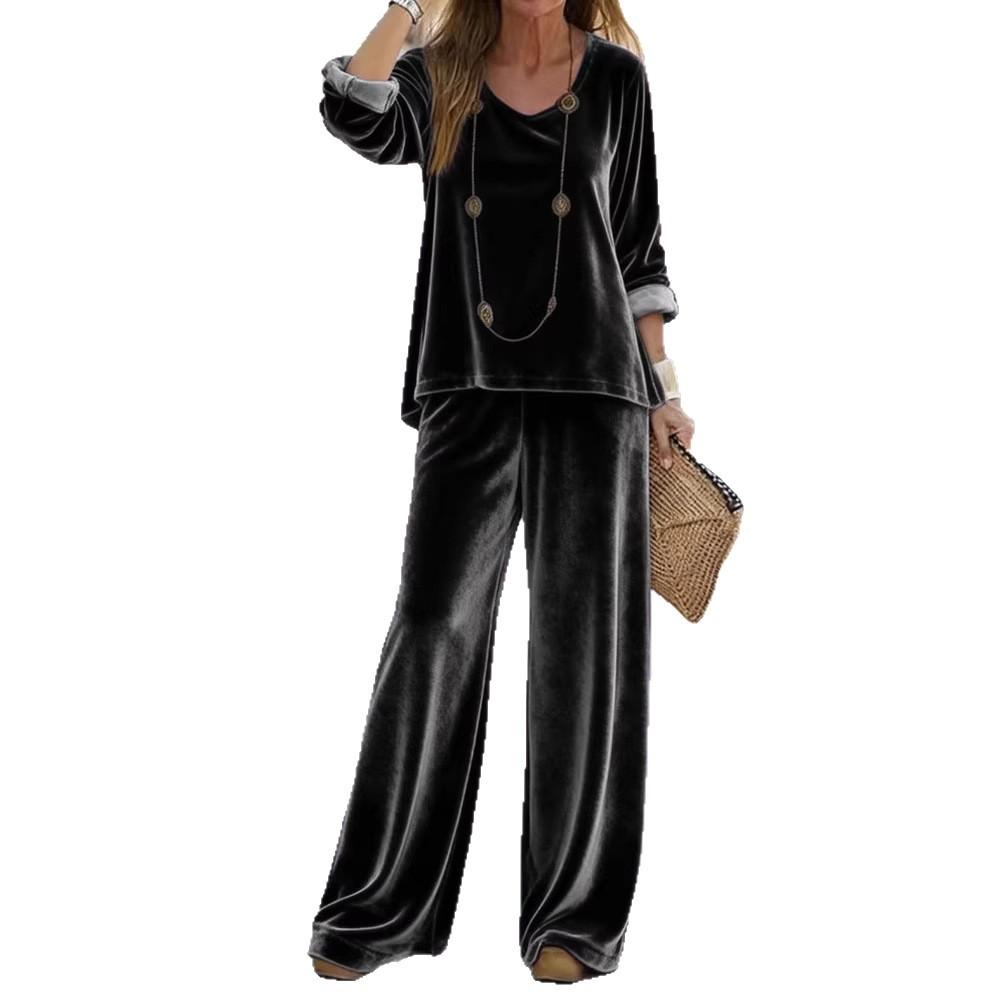 2025 foreign trade cross-border new women's clothing, casual V-neck pullover, long sleeves and trousers, velvet multi-color women's suit