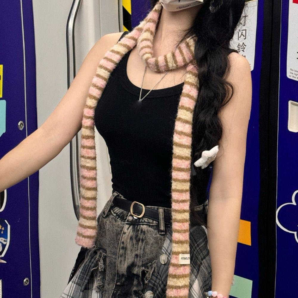 Стиль Y2K Y2K Полосатый шарф Харадзюку Вязаная шаль Милые длинные узкие шарфы Женские