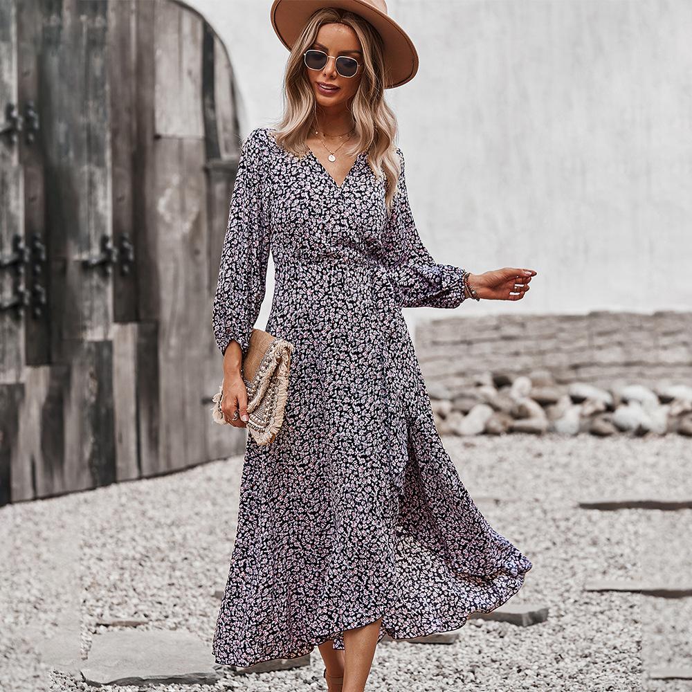 Летнее осеннее длинное платье с цветочным принтом, женское повседневное трапециевидное платье с v-образным вырезом и полным рукавом, с высокой талией, повязка S-XL
