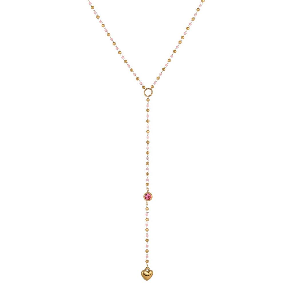 GEMCHIC Women's Colorful Beaded Y-Shape Heart Pendant Necklace Stainless Steel Long Tassel Chain