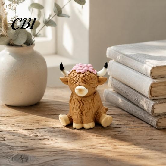 Healing Cartoon Animal Models Highland Cow Figurine, Resin Sitting Sculpture, Farmhouse Desk Matte Finish Crafts Decoration, Cute Statue for