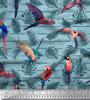 Синяя полиэфирная креповая ткань с тропическими листьями и принтом птиц, швейная ткань, метр 42 дюйма
