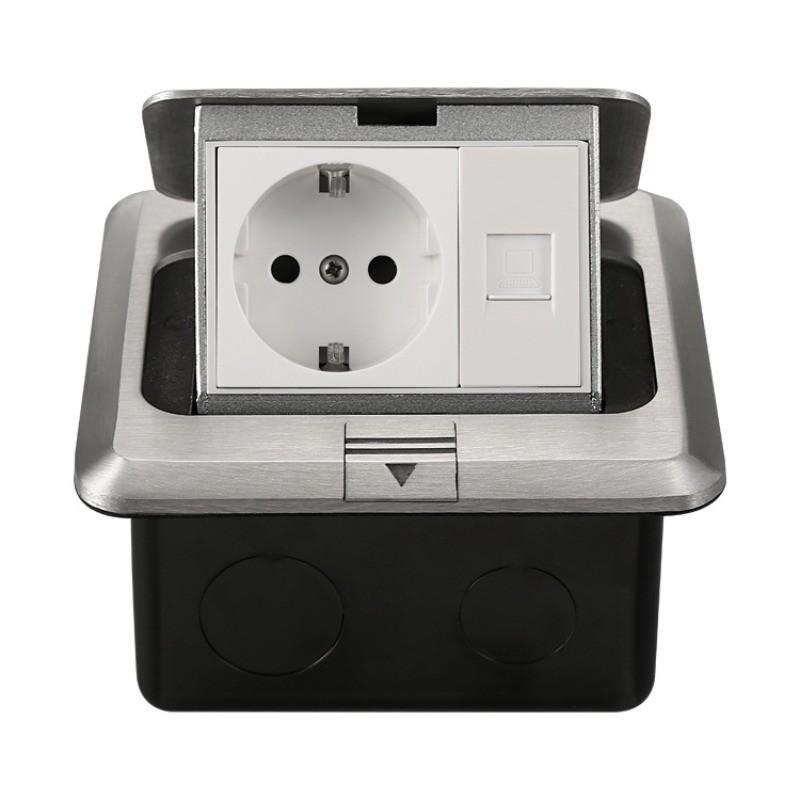 Square Style Network Computer Ground Plug Factory Aluminum Alloy Waterproof Ground Socket Damping Pop-up Floor Socket