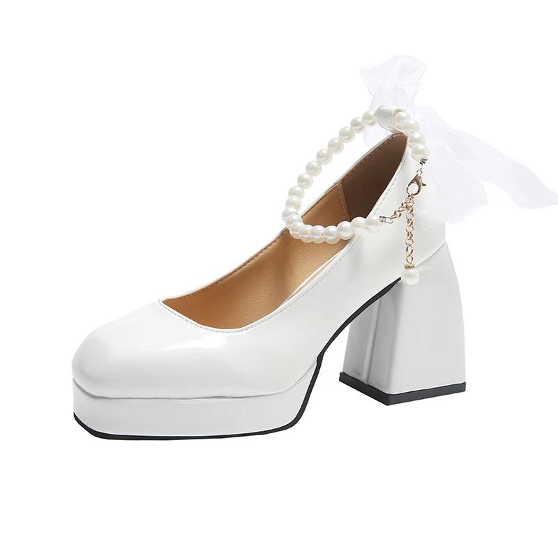 Мода 2024 года, новые модные туфли для женщин, туфли Мэри Джейн на высоком каблуке, летние однотонные туфли для офиса и карьеры, женские туфли с бусинами, Zapatos