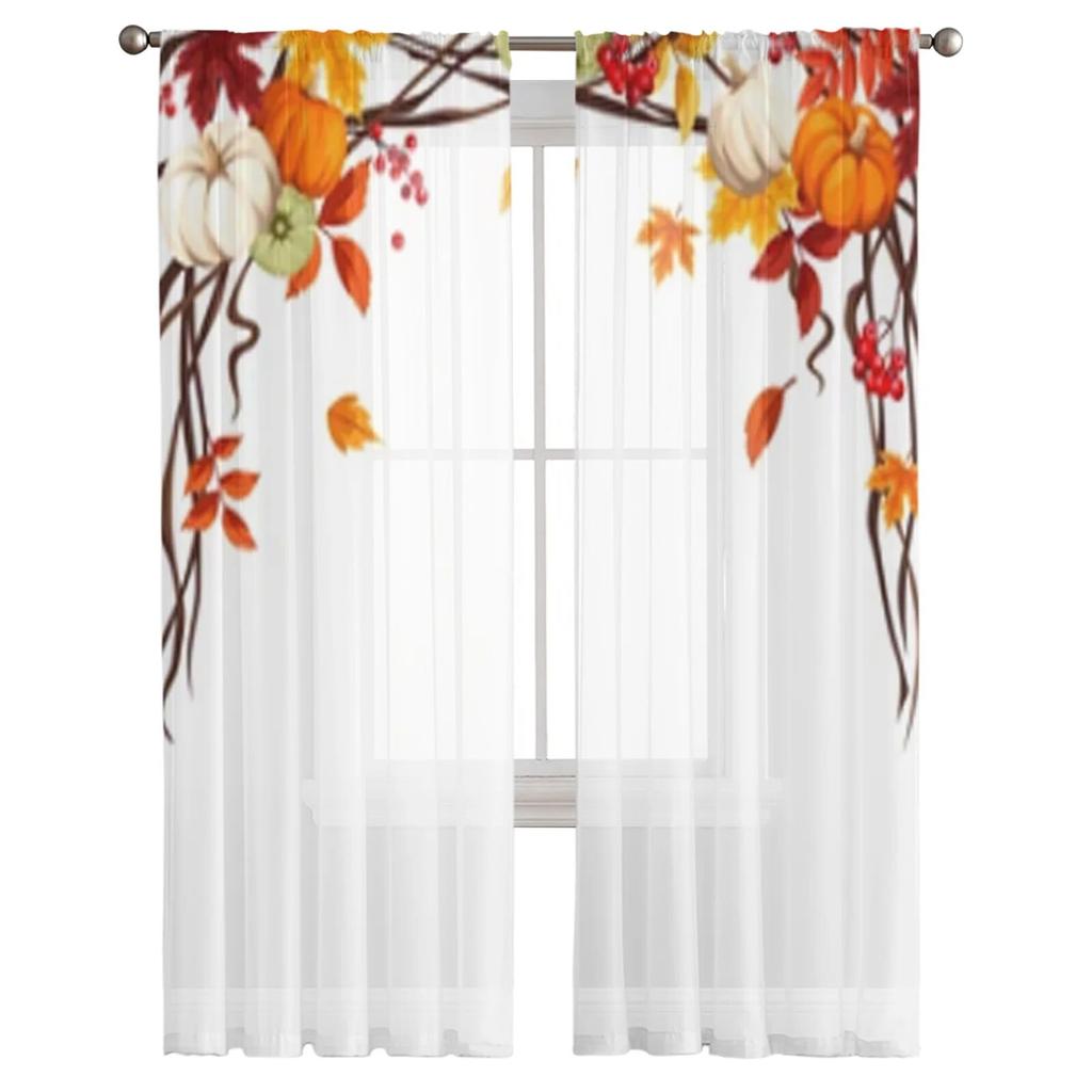 Прозрачные шторы с тыквой и осенними листьями для гостиной, спальни, кухни, тюлевые занавески для дома, декоративные прозрачные панели