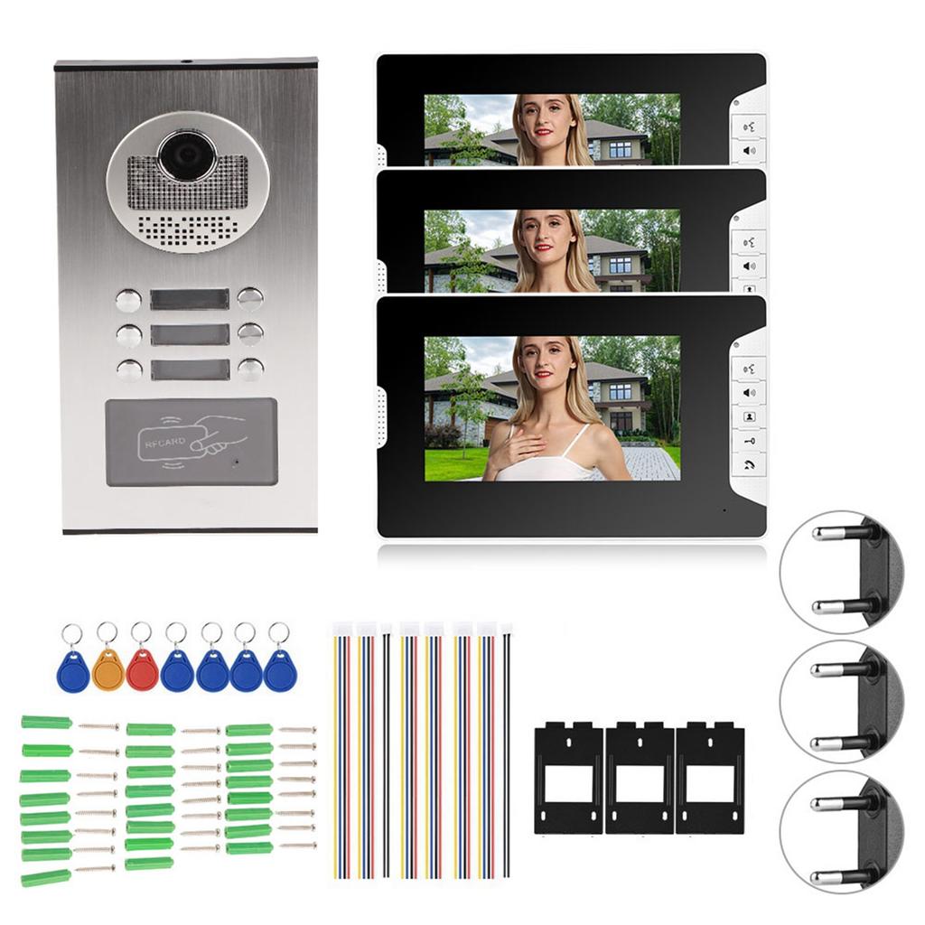 7in Video Intercom 3 Monitors Smart Doorphone System RFID Night Vision Doorbell