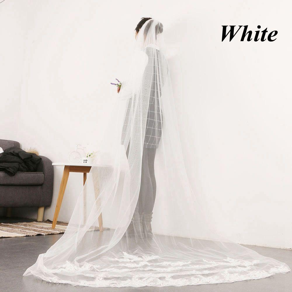 Новая одноярусная свадебная фата Белая/Айвори с аппликацией по краю гребня Тюль Кружево