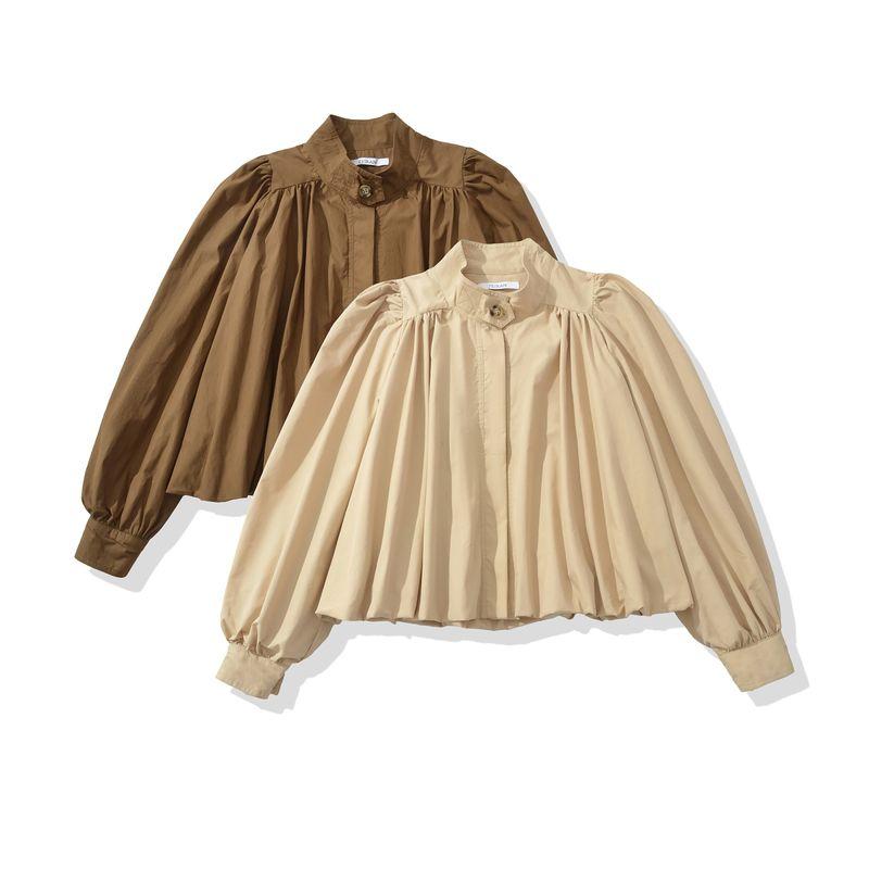 Счетчик То же Zbzr Осень Новые Женская одежда Западный стиль Мода Воротник-стойка Рукав-фонарик Дизайн со складками Чувство Топ