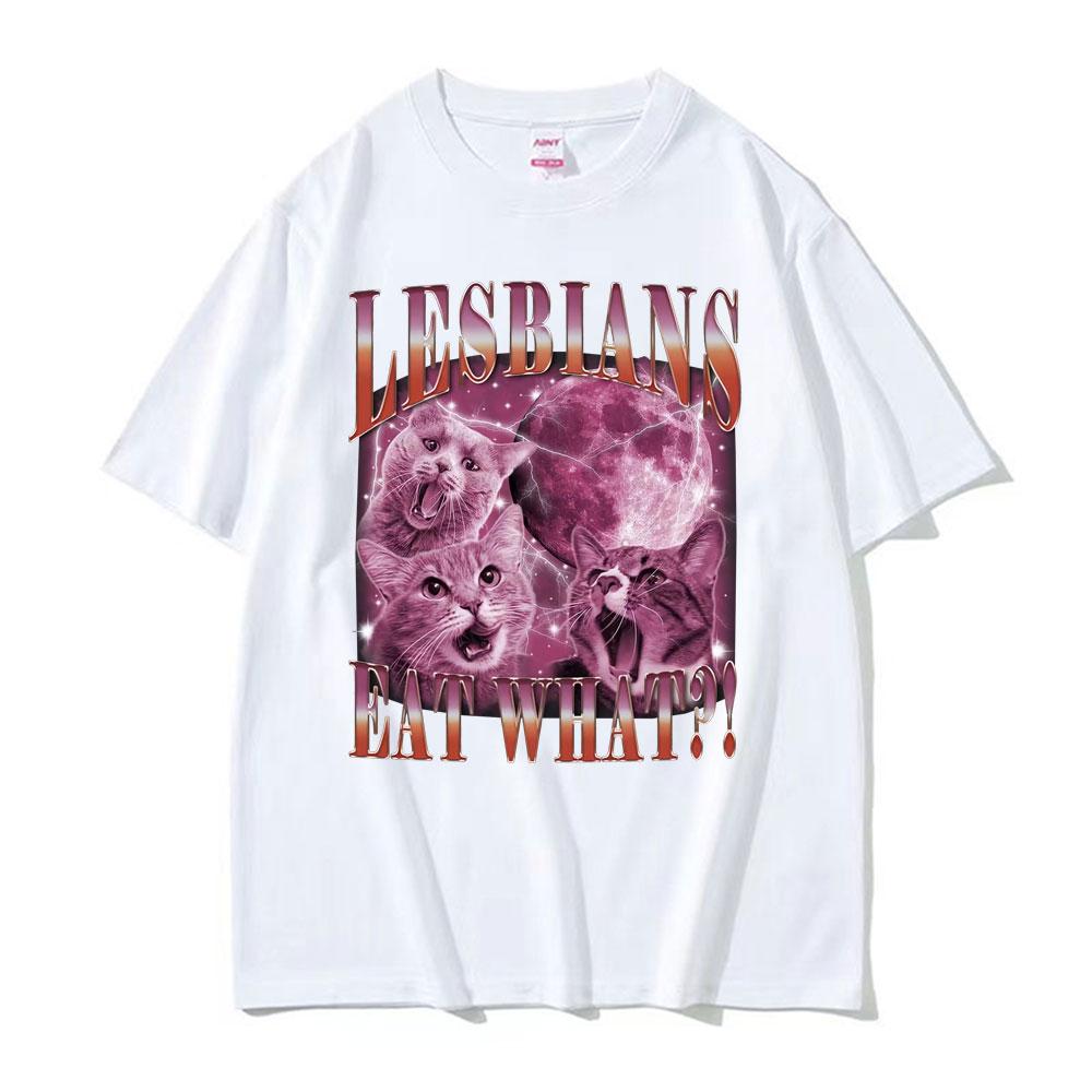 What Cat Meme Graphic Does A Lesbian Eat? 2025 Summer Printed Pure Cotton Fashion Hip-hop High Street Loose Casual T-shirt