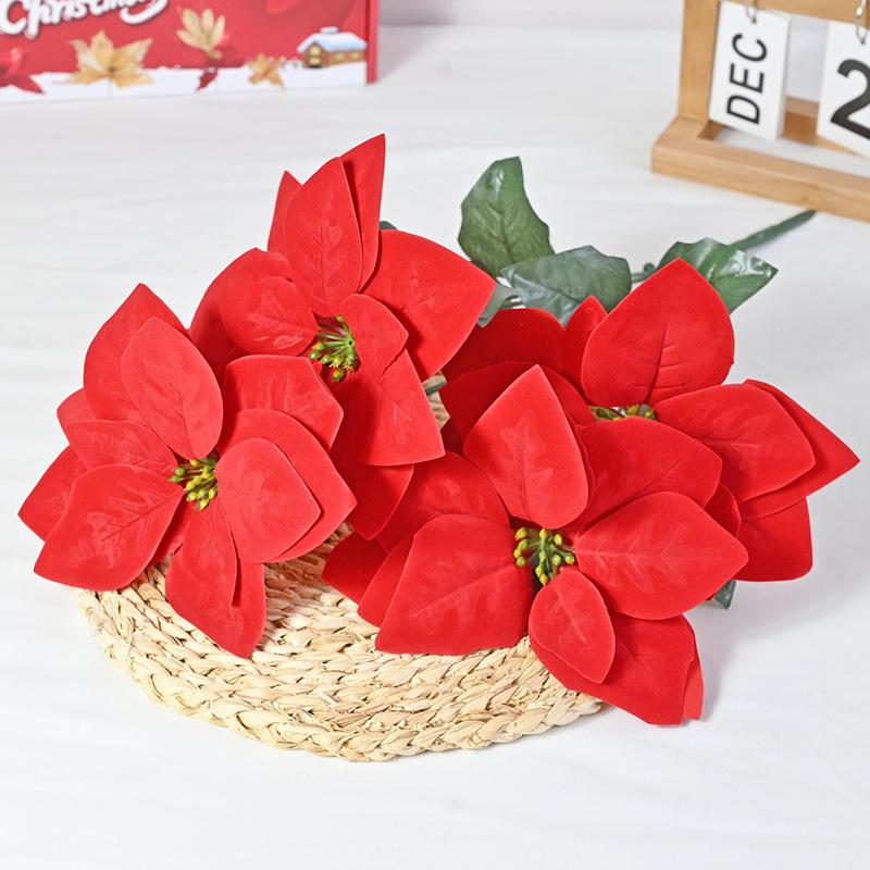 5-pronged poinsettia simulated bouquet flannel Christmas flower fake flower festive decoration green plant potted plant Christmas festive atmosphere
