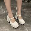 Ретро Толстый Каблук Квадратный Носок Маленькая Кожаная Туфля Женская Новая Мэри Джейн Французские Высокие Туфли
