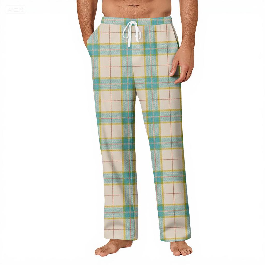 Мужские полосатые клетчатые повседневные брюки с карманами, домашние пижамные брюки