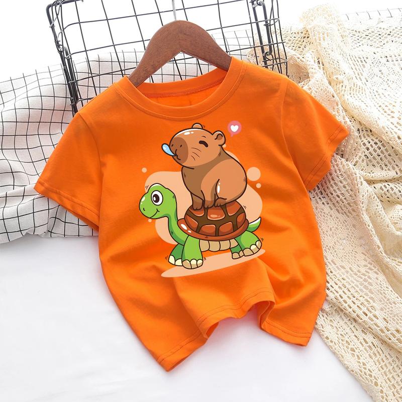 Kids Girl Cute Polyester T-shirt Summer Clothing Cartoon Capybara Printed Tee Children Short Sleeve Tops T Shirt Clothes Gift 2026