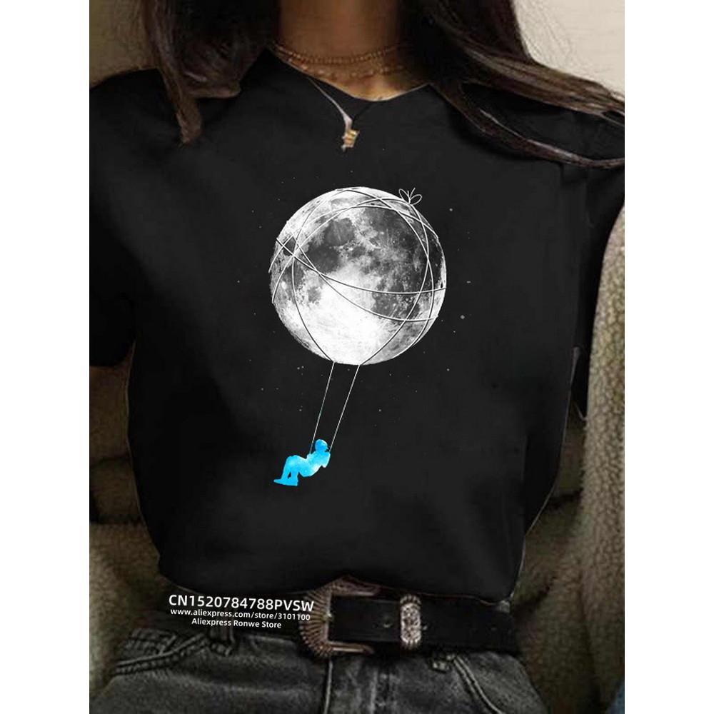 Women Moon Harajuku Funny 90s Girl T Shirt Cartoon Graphic Printed Black Ladies T-shirt Casual Woman Shirt Kawaii Tee Shirt