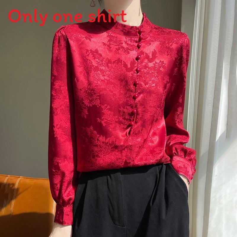 Satin Silk Blouse For Women With Stand Collar And Pockets For Office Casual Wear