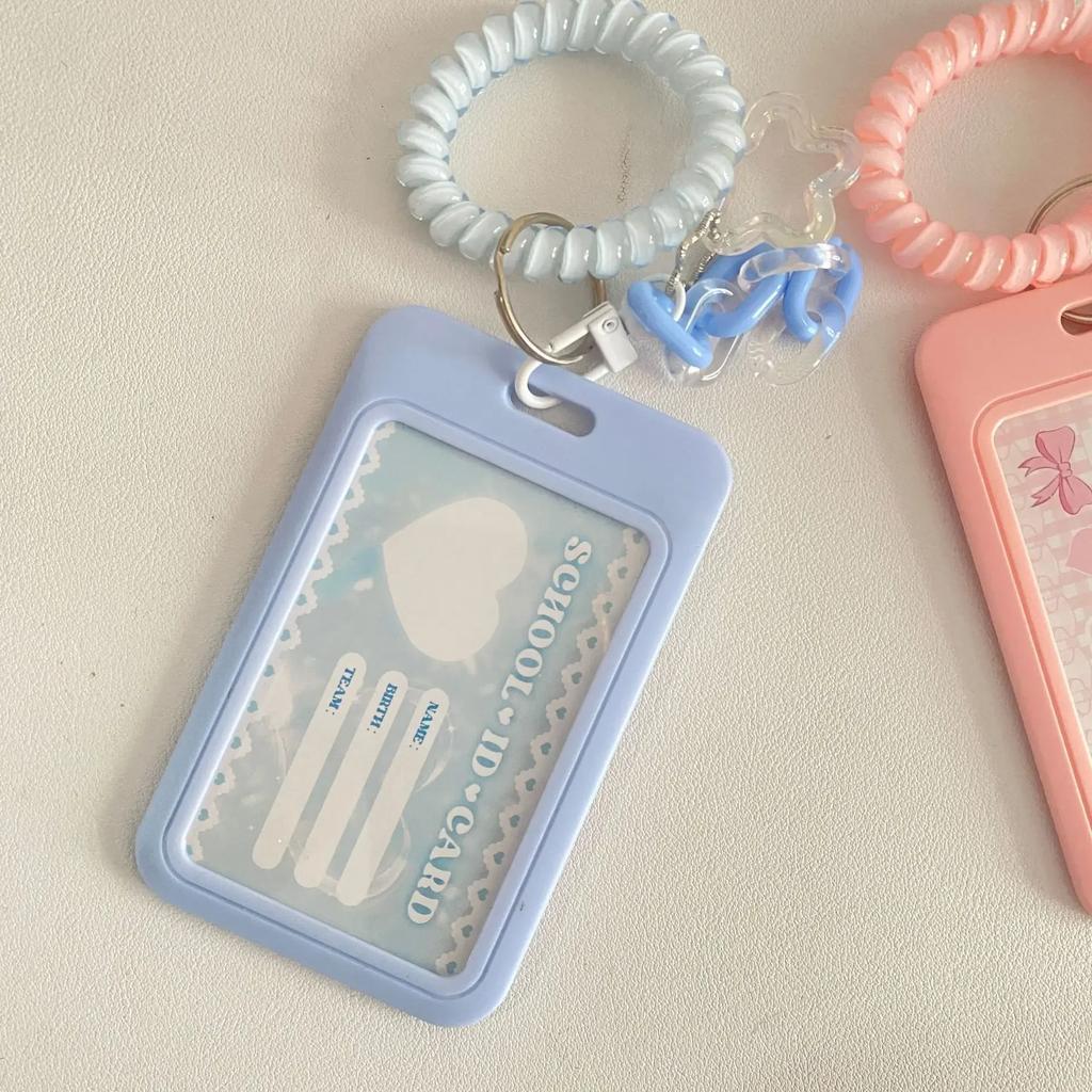 Cute Square Kpop Card Holder Girl Bow Heart-Shaped Keychain Idol Holder Student Campus Card Bus Card Clip