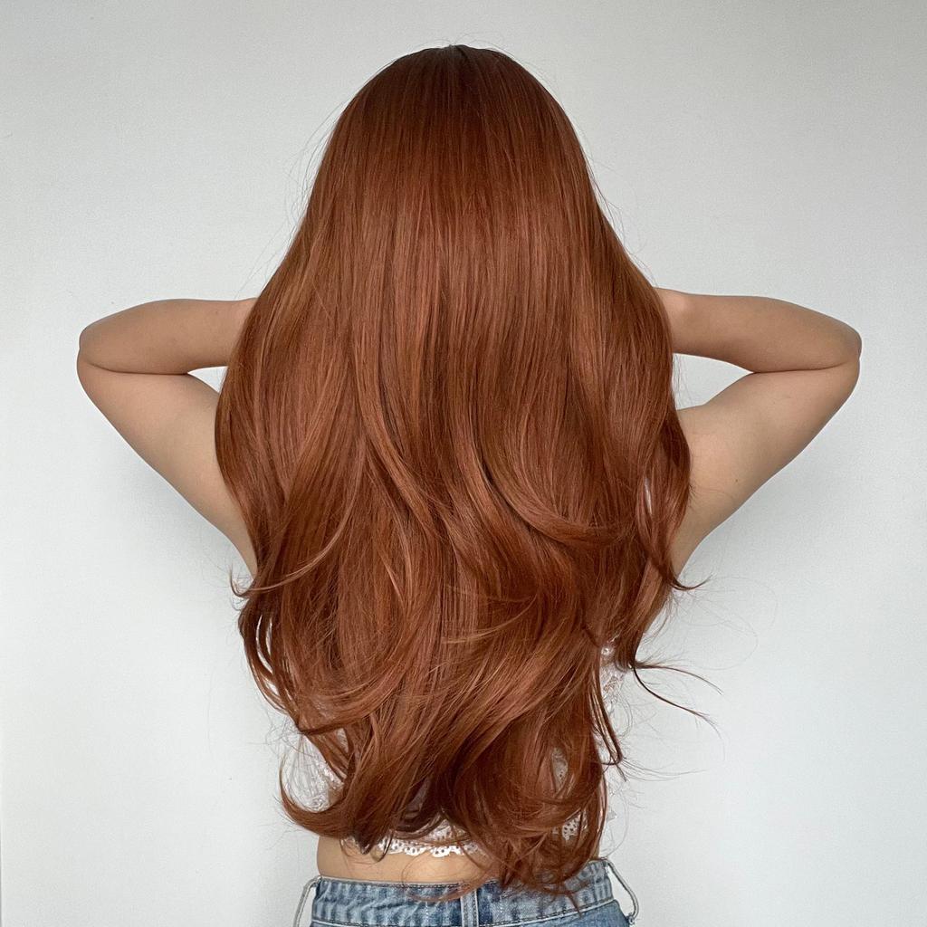 ALAN EATON Long Straight Ombre Black Red Brown Synthetic Wigs for Women Heat Resistant Fiber Natural Looking Wig with Bangs