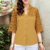 Women Summer V-Neck 3/4 Sleeve Casual Crochet Patchwork Blouse