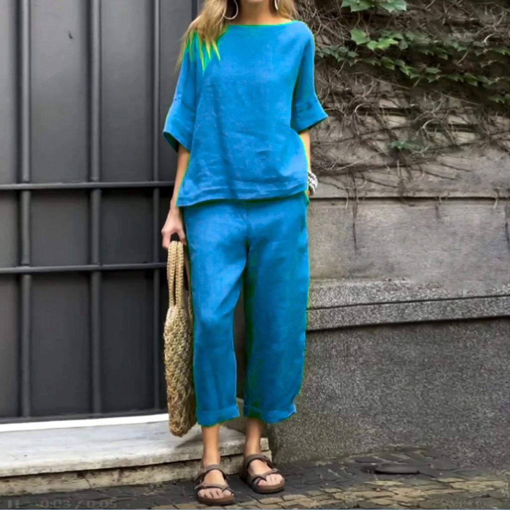 Женский однотонный повседневный хлопковый льняной комплект с рукавами 3/4 и круглым вырезом, топ и брюки