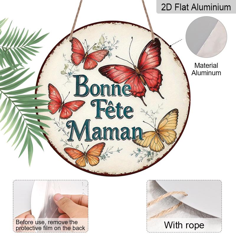 2D Flat, 1pc 7.87x7.87 Inch Round French Aluminum Sign, "Happy Mother's Day" Vintage Decorative Plaque, Butterfly Theme, Suitable for Decorating