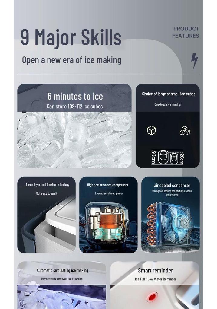 220V Automatic Bullet Ice Maker for Home, Dorm, Camping, Outdoor, Milk Tea, Coffee, or Office