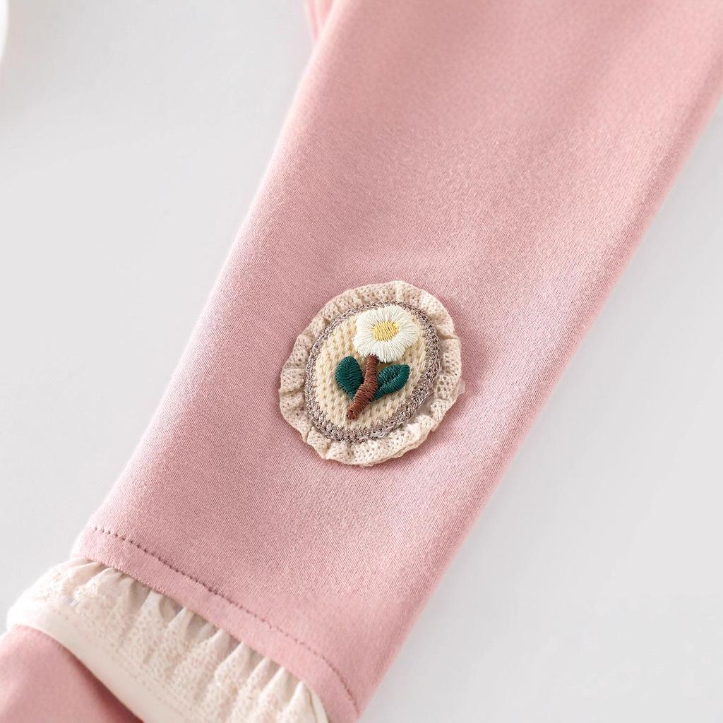 Осень 2025 Леггинсы для девочек: Цветочная аппликация, кружевная отделка, однотонная для младенцев и детей