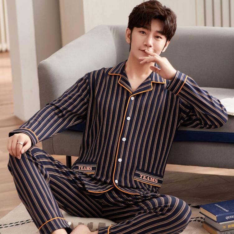 Мужская пижама из чистого хлопка весна-осень с длинными рукавами, кардиган для пожилых людей среднего возраста, комплект домашней одежды, молодежная повседневная свободная пижама