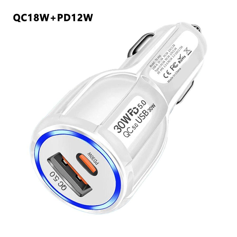 QC 3.0 & PD 12W 30W 2 Ports Car Charger Fast Charging Car Cigarette Lighter Flash Charge For Phones Car Adapter Socket
