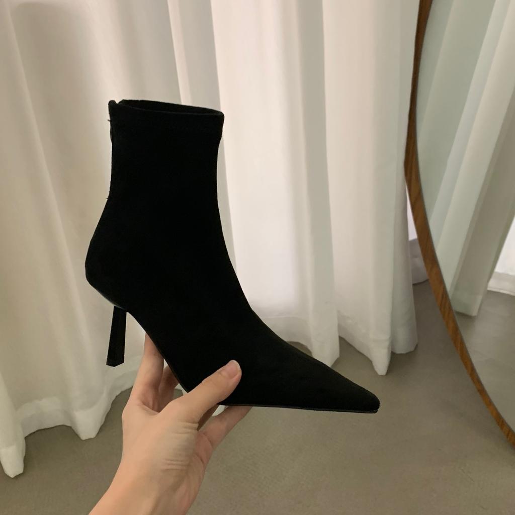 High-heeled Pointed-toed Temperament Suede Thin Short Boots Women's Shoes 2025 New Autumn and Winter Velvet Korean Small Ankle Boots