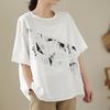 New Summer Style Literary Loose Large-size Printed Round Neck Cotton Linen Short-sleeved T-shirt for Women, Versatile Casual Tops