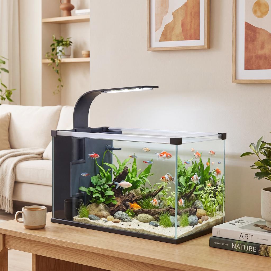24L Home Glass Aquarium With Integrated Filter And LED Light 45x25x25.5 Cm Black