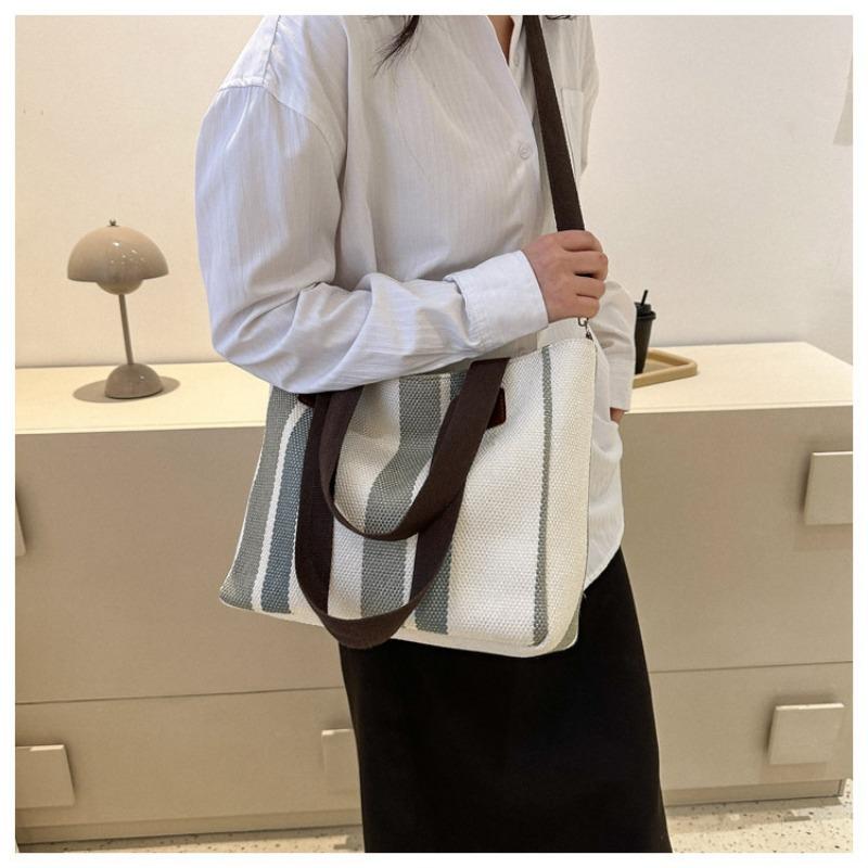 Big Bag Women's Fashion Striped Canvas Commuter Tote Stylish One-shoulder Crossbody Mommy Bag
