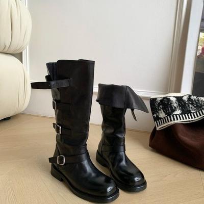 Повседневные Универсальные Высокие Сапоги Осень Круглый Мысок Пряжка Мягкая Подошва Противоскользящие Износостойкие Одинарные Сапоги