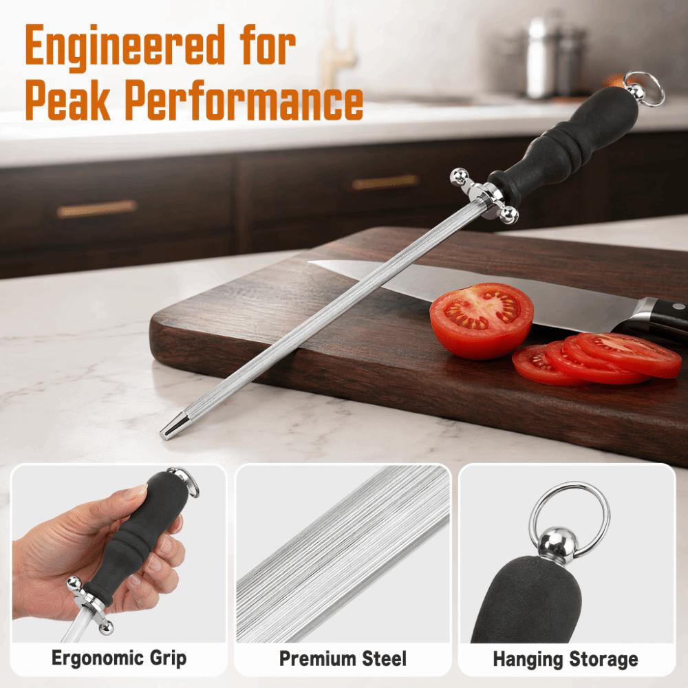 Ergonomic Handle Sharpening Steel Rod Silver and Black Honing Steel Rod Chef Butcher