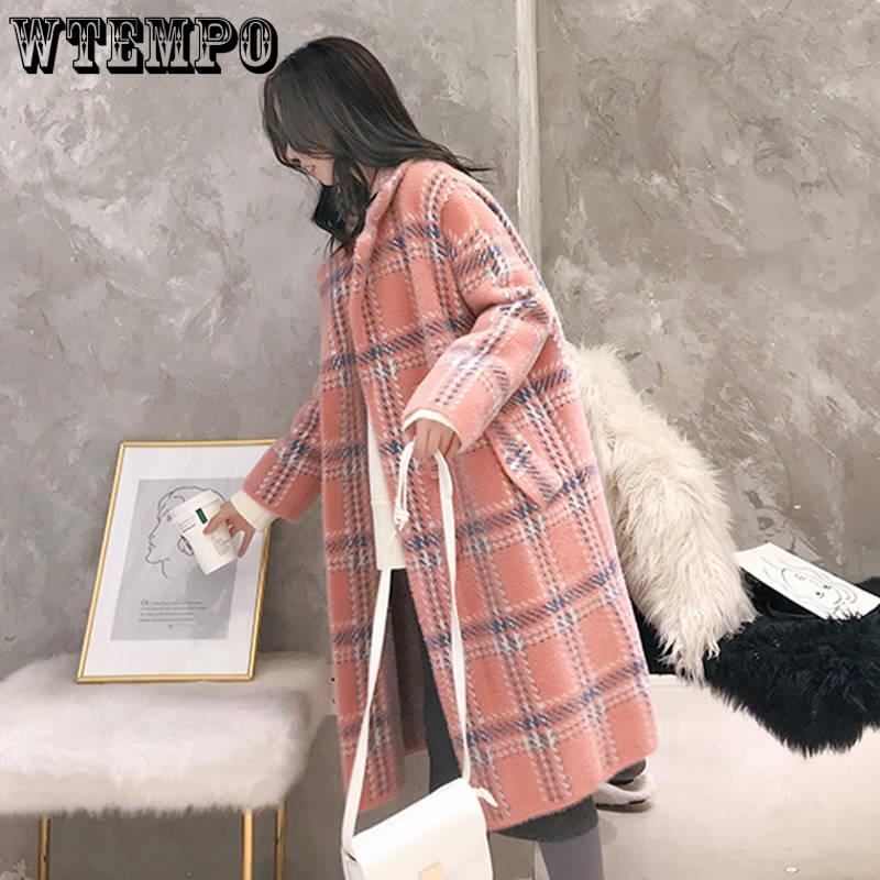 Женские пальто и куртки Модные женские клетчатые двубортные шерстяные пальто Женские пальто