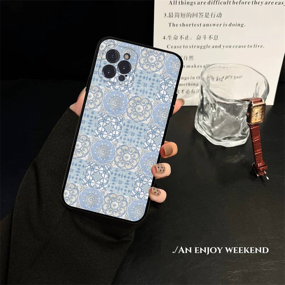Portuguese Glazed Tiles Phone Case For IPhone 17 16 15 14 13 12 11 Pro Max Plus Mini Soft Black Cover