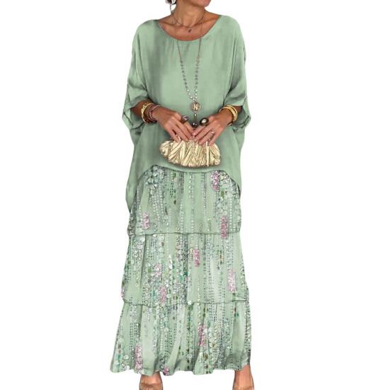 Summer Spring Women Dress Three Quarter Dolman Sleeve Fake Two-piece Multi-layer Hem Loose O Neck Printed Loose Chiffon Mesh Daily Party Maxi Dress