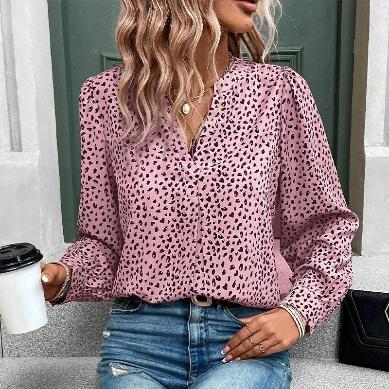 Women's V-neck Top Pullover Leopard Print Shirt Long Sleeves