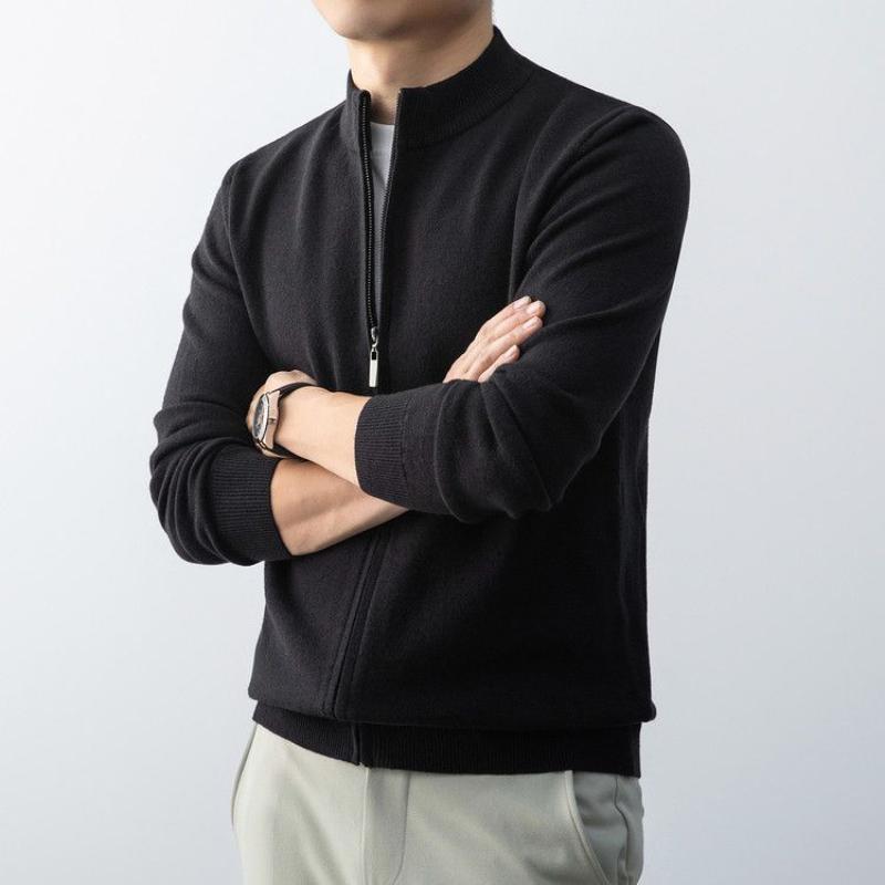 Повседневный вязаный кардиган с воротником-стойкой, мужская одежда, стильная застежка-молния, осень-зима, винтажный, однотонный, базовый, с длинным рукавом, свитера