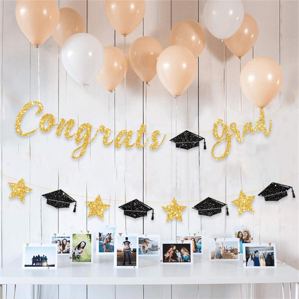 Glittering Congrats Grad Banner Graduation Party Ornament Hanging Decoration for Class of Graduation Celebration