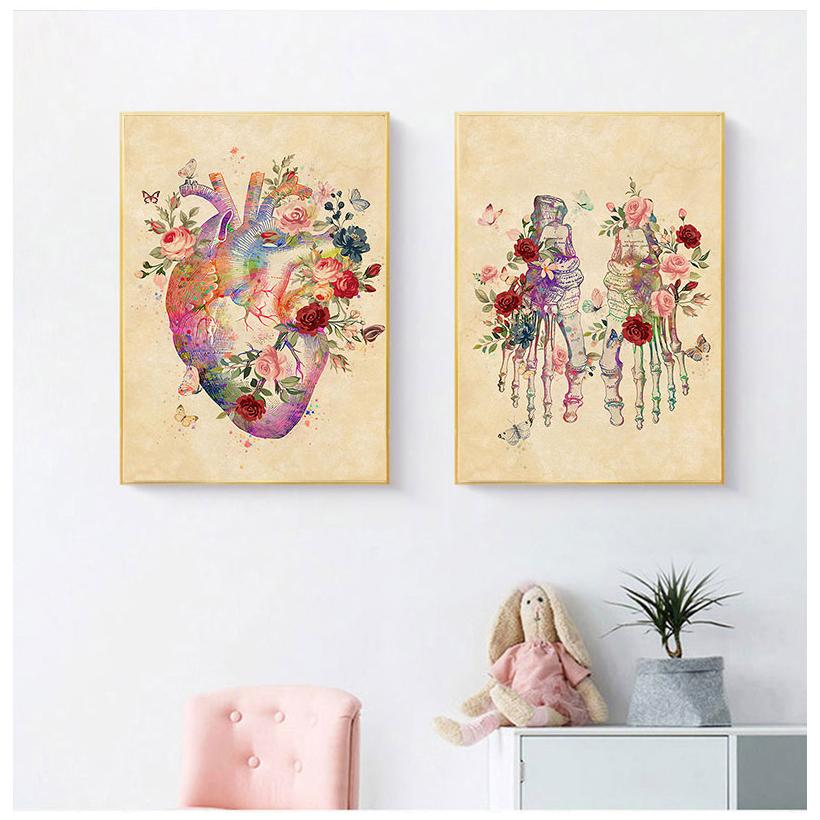 Мозг Сердце Череп Цветок Анатомия Винтажная настенная живопись на холсте Плакаты на скандинавскую тему и принты Настенные картины для декора гостиной без рамки