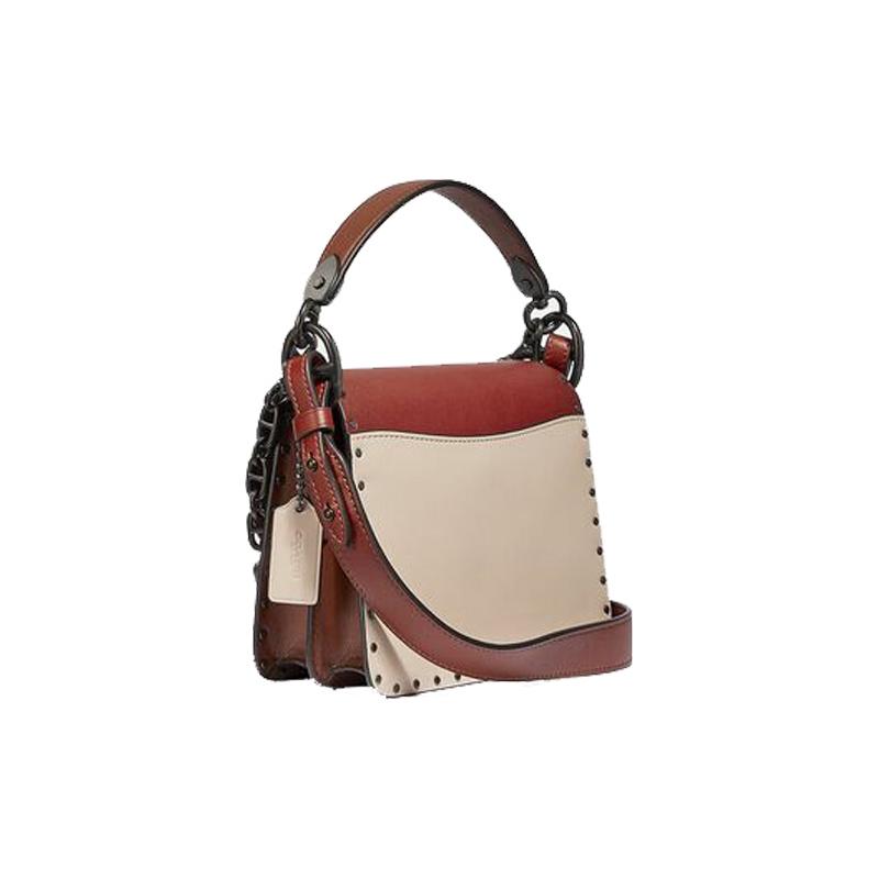 COACH Beat Retro Rivet Decorated Chain Leather Square Bag Shoulder Crossbody Bag Small Women's Red and White Color Matching