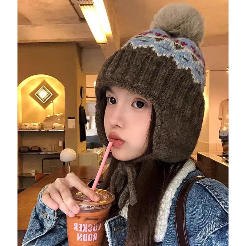 Осенне-зимняя вязаная шапка Фэйр-Айл с защитой ушей шерстяная шапка женская утолщенная теплая шапка зимняя вязаная сумка на голову шапка-ушанка