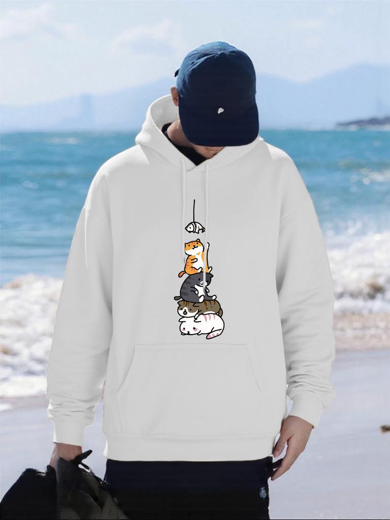 Fish Catching Cats Printed Men Hoodies Multicolor Fleece Pullover All-Match Pocket Hoody Hip Hop Oversized Male Streetwear