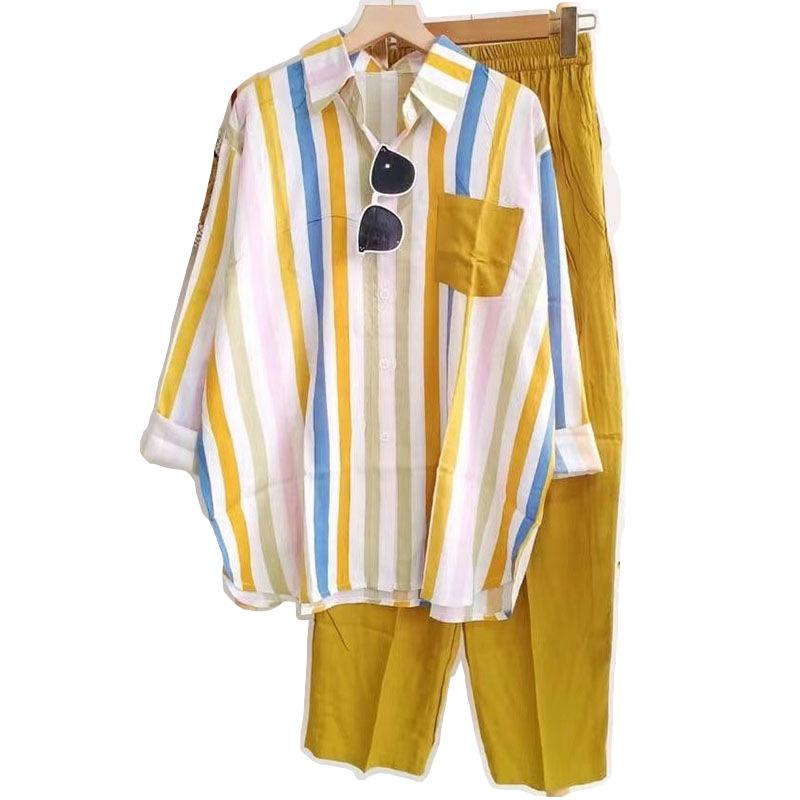 Women'sSummer Fashion Shirt Suit Loose Slim Comfortable Casual Striped Two-piece Set 2 Piece Set Women